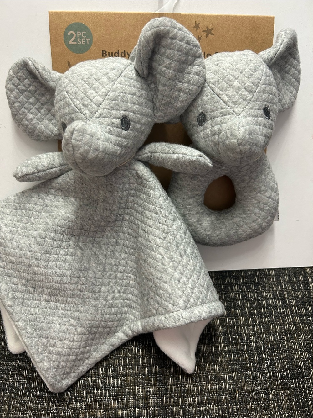 Quilted Elephant Baby Security Blanket Dreamgro Gray Buddy Blankie & Rattle